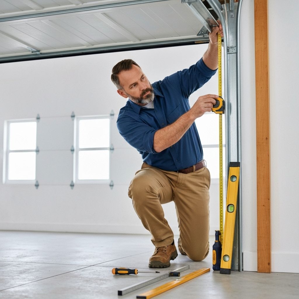 Technician measuring garage door opening