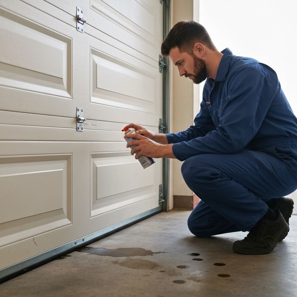 Technician performing garage door maintenance