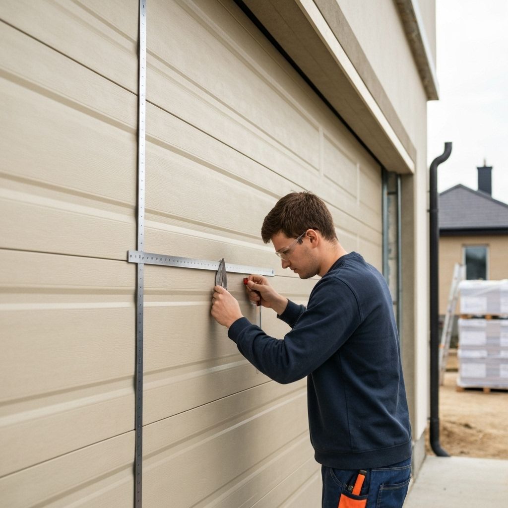 Technician repairing garage door panels