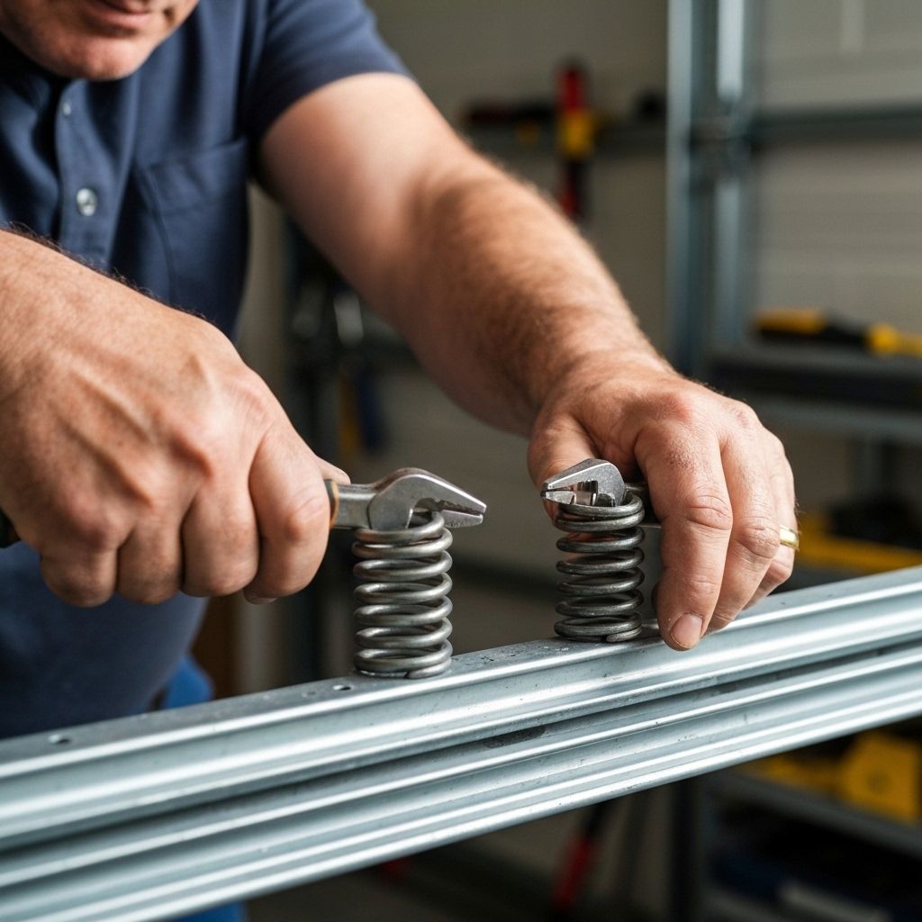 Technician repairing garage door springs