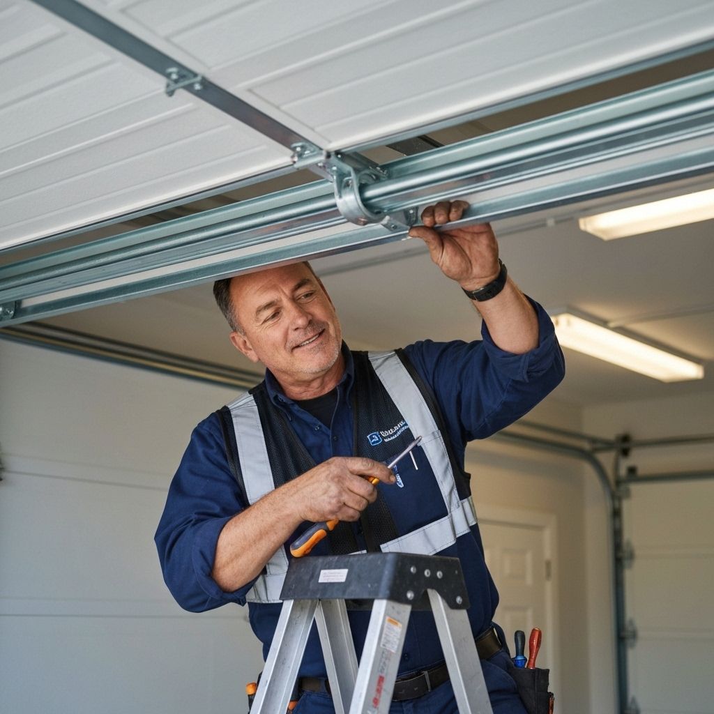 Technician repairing garage door tracks